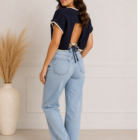 Zara Tops - Zara Contrast Trim Open Back Knit Crop Top Sweater Navy Blue White Size Large